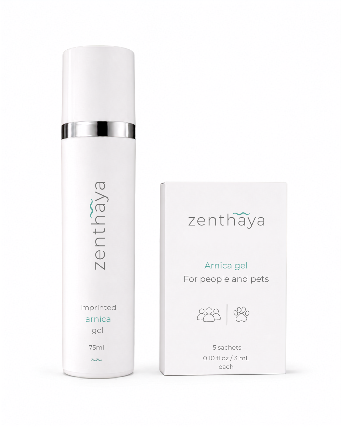 Zenthaya imprinted arnica gel tube beside the 5-packet trial box